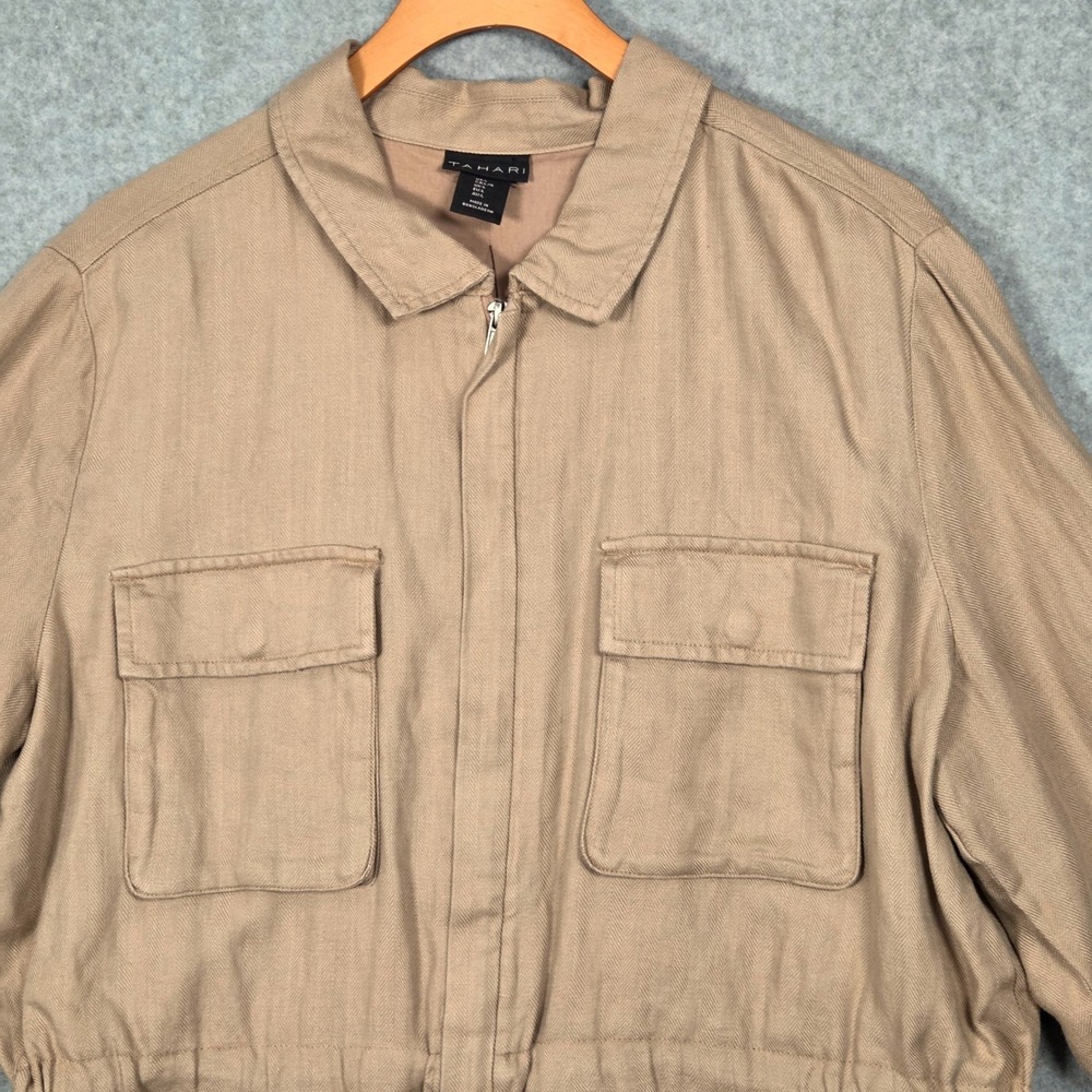 Tahari Women Large Utility Cinch Waist Jacket Tan Lyocell Linen Zip Up Earthy